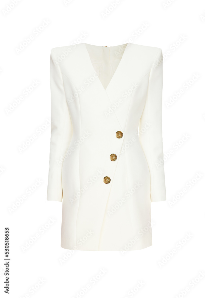 Ghost mannequin. White women's business evening dress without human model. Female office classic blazer dress, tunic with golden buttons isolated on white background. Mock up, template Ghost mannequin. White women's business evening dress without human model. Female office classic blazer dress, tunic with golden buttons isolated on white background. Mock up, template