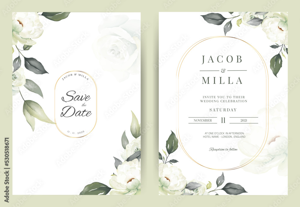 Wedding invitation card template set with white rose bouquet watercolor ...