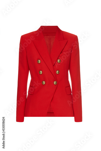 Ghost mannequin. Red women's business blazer without human model. Female office classic jacket, coat for ladies with golden buttons and long sleeves isolated on white background. Mock up, template photo