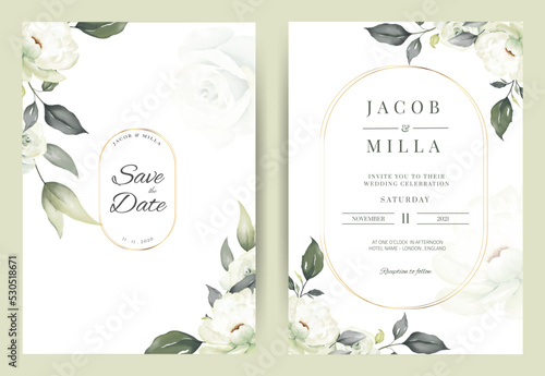Wedding invitation card template set with white rose bouquet watercolor painting.
