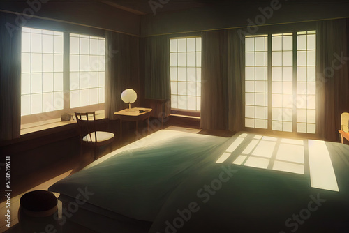living Room Interior with Windows and Light Ray. Fantasy Backdrop. Concept Art. Realistic Illustration. Video Game Background. Digital Painting. CG Artwork. Scenery Artwork. Serious Book Illustration 