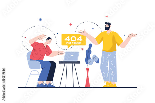 Concept 404 not found with people scene in the flat cartoon design. Two programmer try to find the error and fix it. Vector illustration.