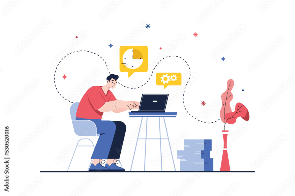 Concept Deadline with people scene in the flat cartoon design. Employee performs the task on the laptop, trying to make it to the specified time. Vector illustration.