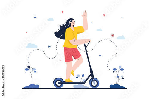 Concept Ecological transport with people scene in the flat cartoon design. Girl moves around the city on an electric scooter so as not pollute the air. Vector illustration.
