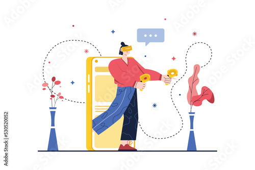 Metaverse concept with people scene in the flat cartoon style. Man plays in cyberspace, which he entered with the help of a phone and pair of glasses. Vector illustration.