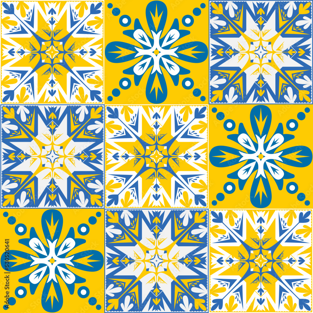 Spanish ceramic tiles azulejo talavera, contrast pattern blue yellow bright decor for walls and floors, vector illustration Spanish ceramic tiles azulejo talavera, contrast pattern blue yellow bright decor for walls and floors, vector illustration