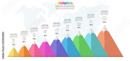 Vector mountain Infographic. Business flat template for 9 step finance concept. Ilustration and vision layout