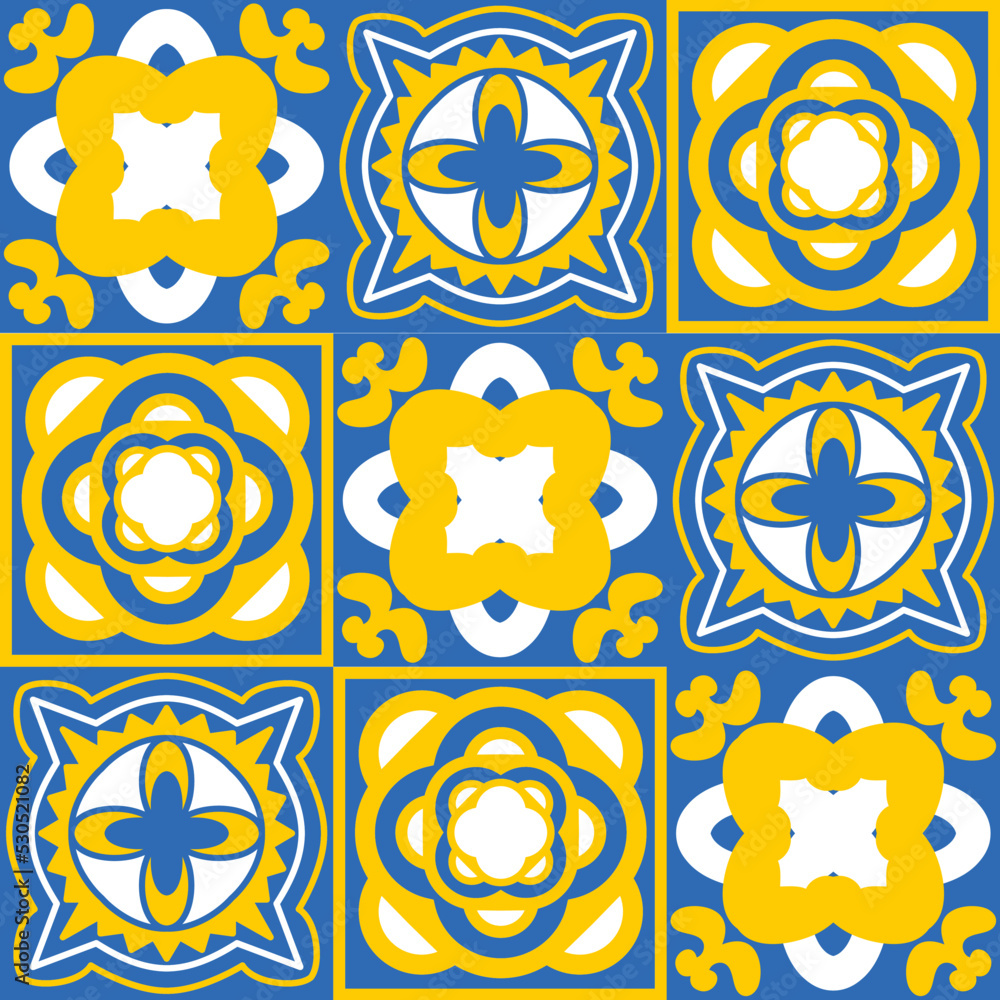 Azulejo talavera spanish ceramic tiles, yellow blue white indigo pattern wall and floor decor, vector illustration