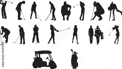 Fotobehang Set of golfer silhouette and its element which include golf beg and golf buggy