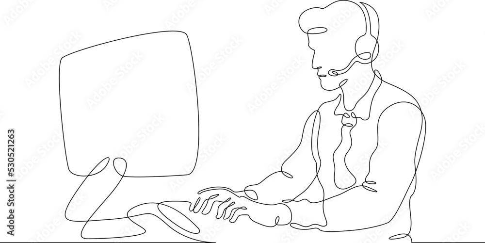 One continuous line.Call centre.Male call center operator. Handling ...