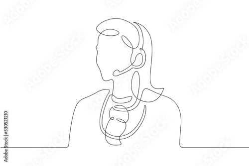One continuous line.Call centre.Woman call center operator. Handling calls and messages. Operator with phone and computer. Manager in headphones with microphoneOne continuous line is drawn on a white 