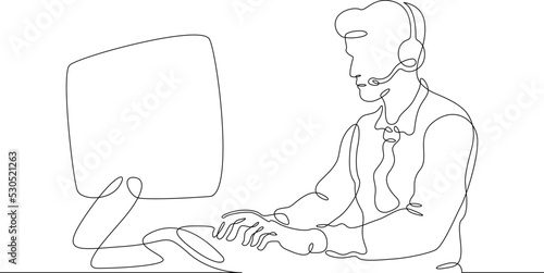 One continuous line.Call centre.Male call center operator. Handling calls and messages. Operator with phone and computer. Manager in headphones with microphoneOne continuous line is drawn on a white 