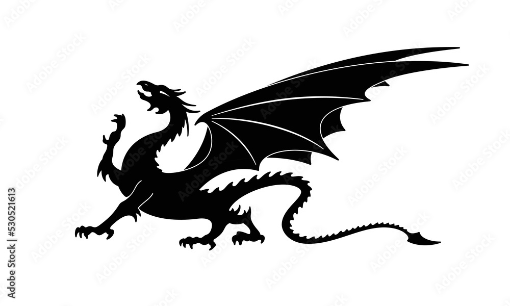 Dragon Silhouette Heraldic Coat of Arms. Print or Tattoo Design. Vintage Black and White Vector Illustration Dragon Silhouette Heraldic Coat of Arms. Print or Tattoo Design. Vintage Black and White Vector Illustration