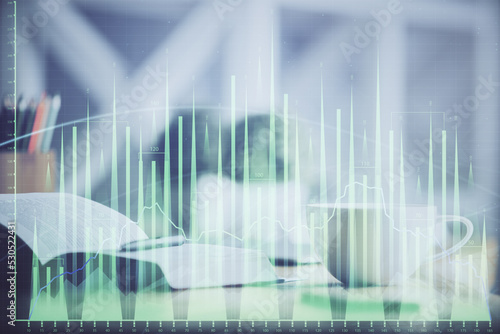 Multi exposure of forex graph drawing and desktop with coffee and items on table background. Concept of financial market trading © peshkova