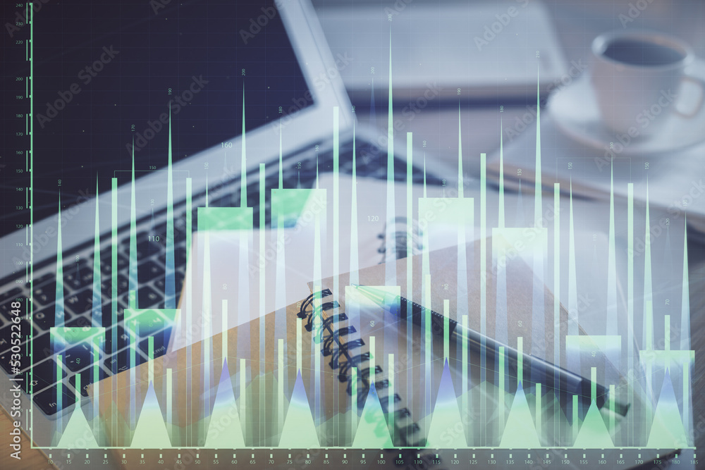Double exposure of financial chart drawing and desktop with coffee and items on table background. Concept of forex market trading Double exposure of financial chart drawing and desktop with coffee and items on table background. Concept of forex market trading