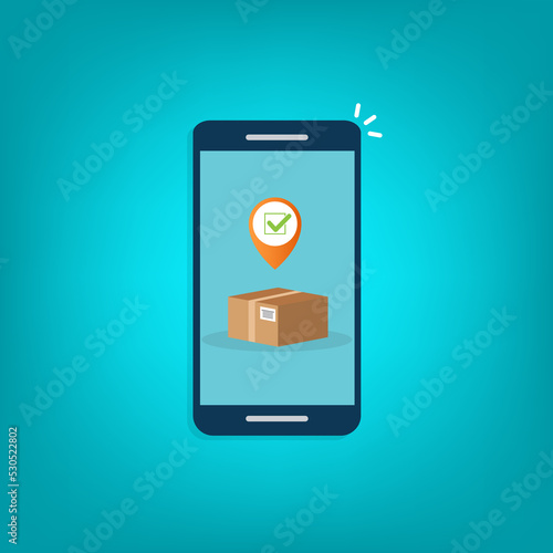 Delivery Process Notification on Mobile Phone. Express Delivery, Home Delivery, Contactless and Order Curbside Pickup. © madedee