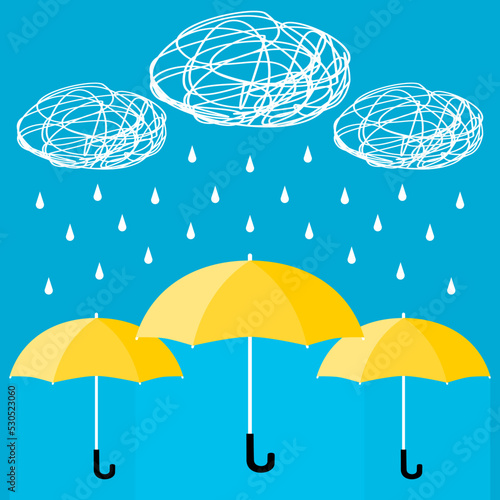 Yellow umbrella open protection water drop rain with white tangle clouds storm blue background rainy season flat vector icon design.