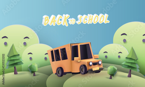 back to school colorful podium with school bus yellow and book elearning vector illustation 