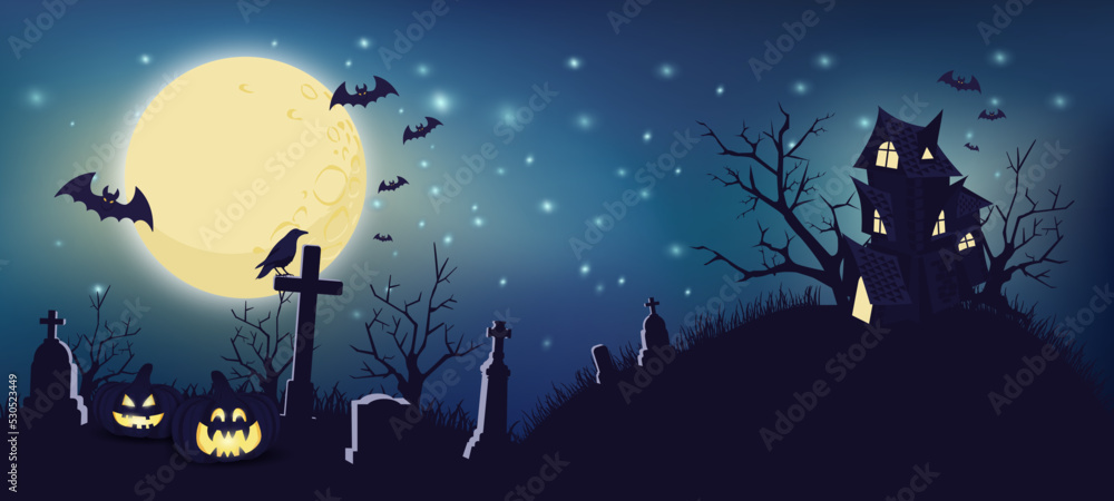 Halloween night background with pumpkins, castle, bats and full moon. Vector illustration.