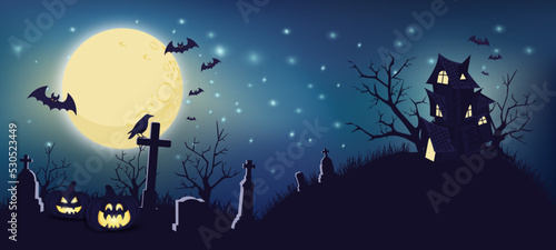 Halloween night background with pumpkins, castle, bats and full moon. Vector illustration.