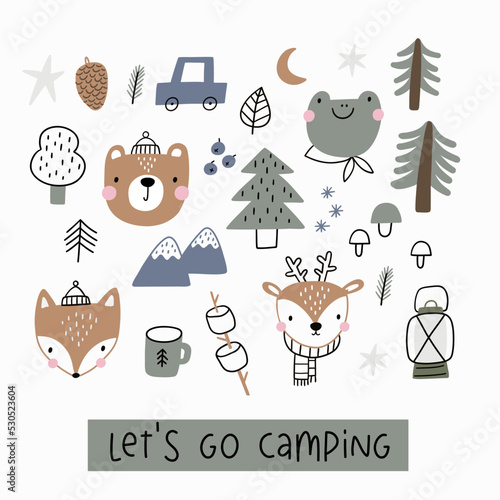 Cute hand drawn vector print - Camping, cartoon animals, bear, frog, fox, deer, woodland tree, mushroom, berry, mountains, leaves. Summer camp in forest