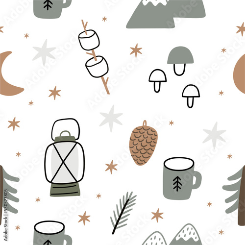 Cute hand drawn vector print - Camping, cartoon woodland tree, mushroom, berry, mountains, leaves. Summer camp in forest - seamless pattern