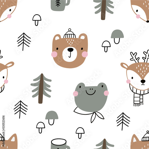 Cute hand drawn vector print - Camping, cartoon animals, bear, fox, deer, frog, woodland tree, mushroom, berry, mountains, leaves. Summer camp in forest