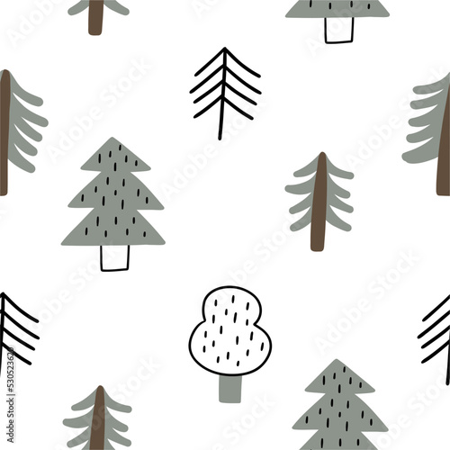 Cute hand drawn vector print - Camping, cartoon woodland tree, mushroom, berry, mountains, leaves. Summer camp in forest - seamless pattern