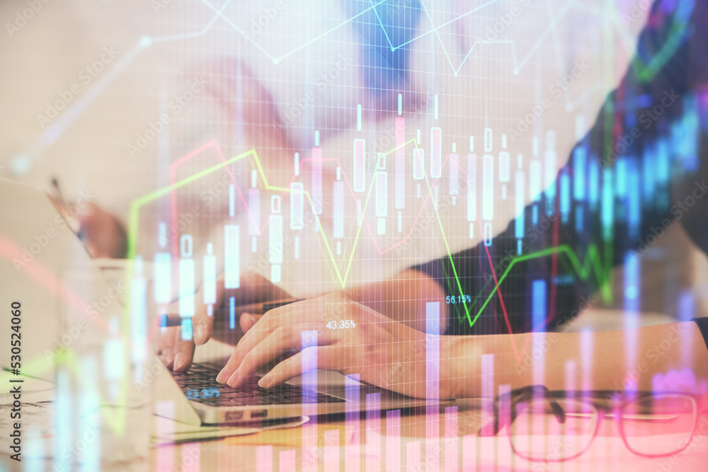 Multi exposure of woman hands typing on computer and financial graph hologram drawing. Stock market analysis concept. Multi exposure of woman hands typing on computer and financial graph hologram drawing. Stock market analysis concept.