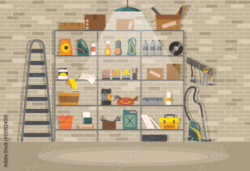 Interior of modern storeroom with metal shelves, storage, boxes, stair. Brick wall background with household instruments and cleaning accessories. Light lamp. Vector illustration in flat style