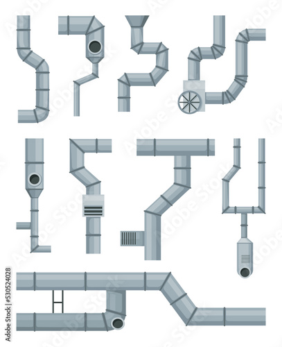 Ventilation pipe set. Vent system elements. Isolated cartoon parts. Air system, steel pipes details constructor on white background