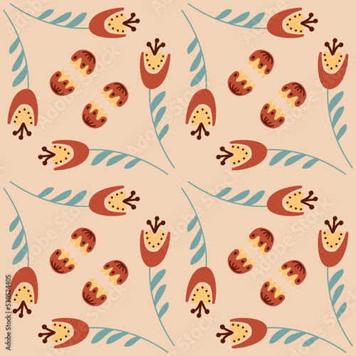 bellflower on pink beige background seamless pattern for textile design, vector eps illustration