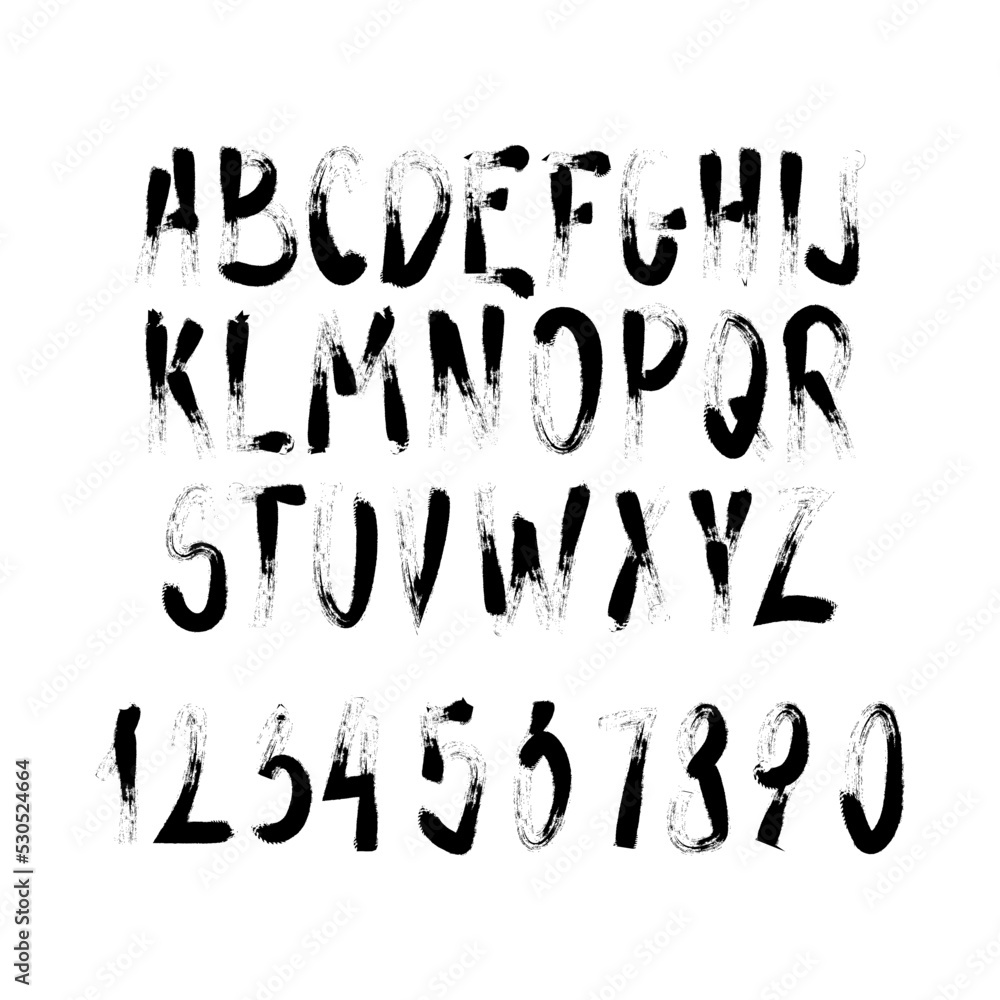 Brush Font for your design. Hand drawn calligraphy lettering alphabet. Stylish letters with in figures. Vector illustration.