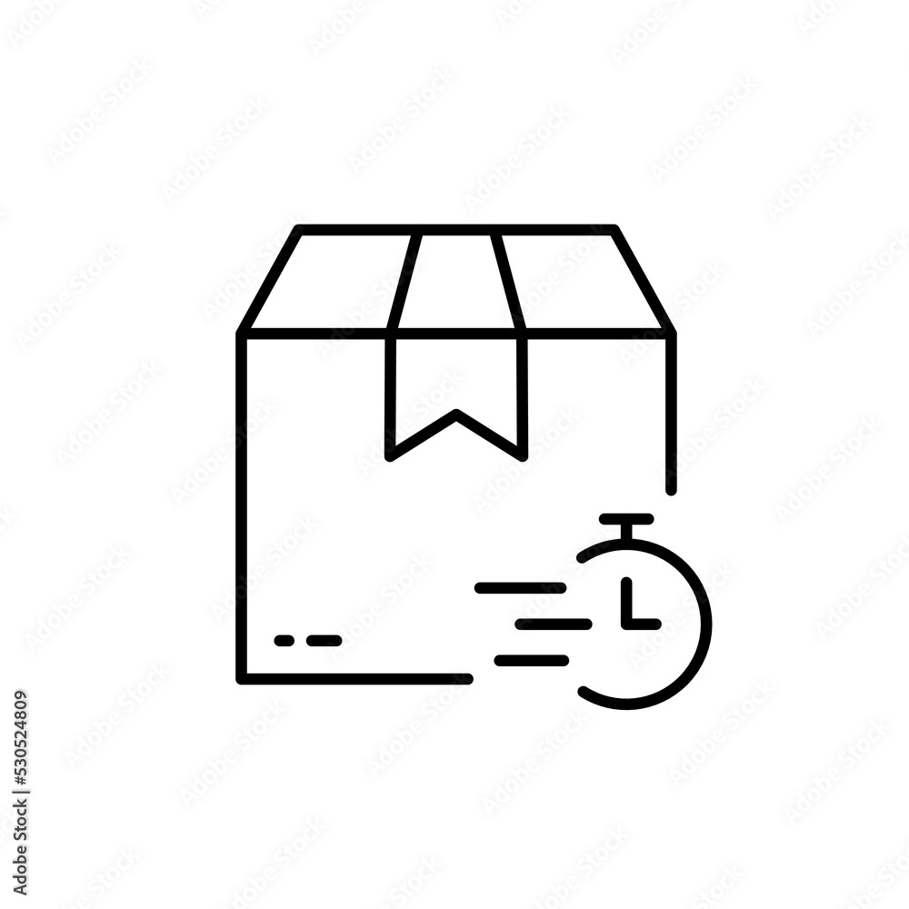 Time Delivery Line Icon. Parcel Box and Clock Fast Transportation Linear Pictogram. Timer Express Speed Shipment Outline Icon. Stopwatch and Package. Editable Stroke. Isolated Vector Illustration Time Delivery Line Icon. Parcel Box and Clock Fast Transportation Linear Pictogram. Timer Express Speed Shipment Outline Icon. Stopwatch and Package. Editable Stroke. Isolated Vector Illustration