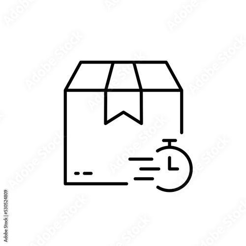 Time Delivery Line Icon. Parcel Box and Clock Fast Transportation Linear Pictogram. Timer Express Speed Shipment Outline Icon. Stopwatch and Package. Editable Stroke. Isolated Vector Illustration