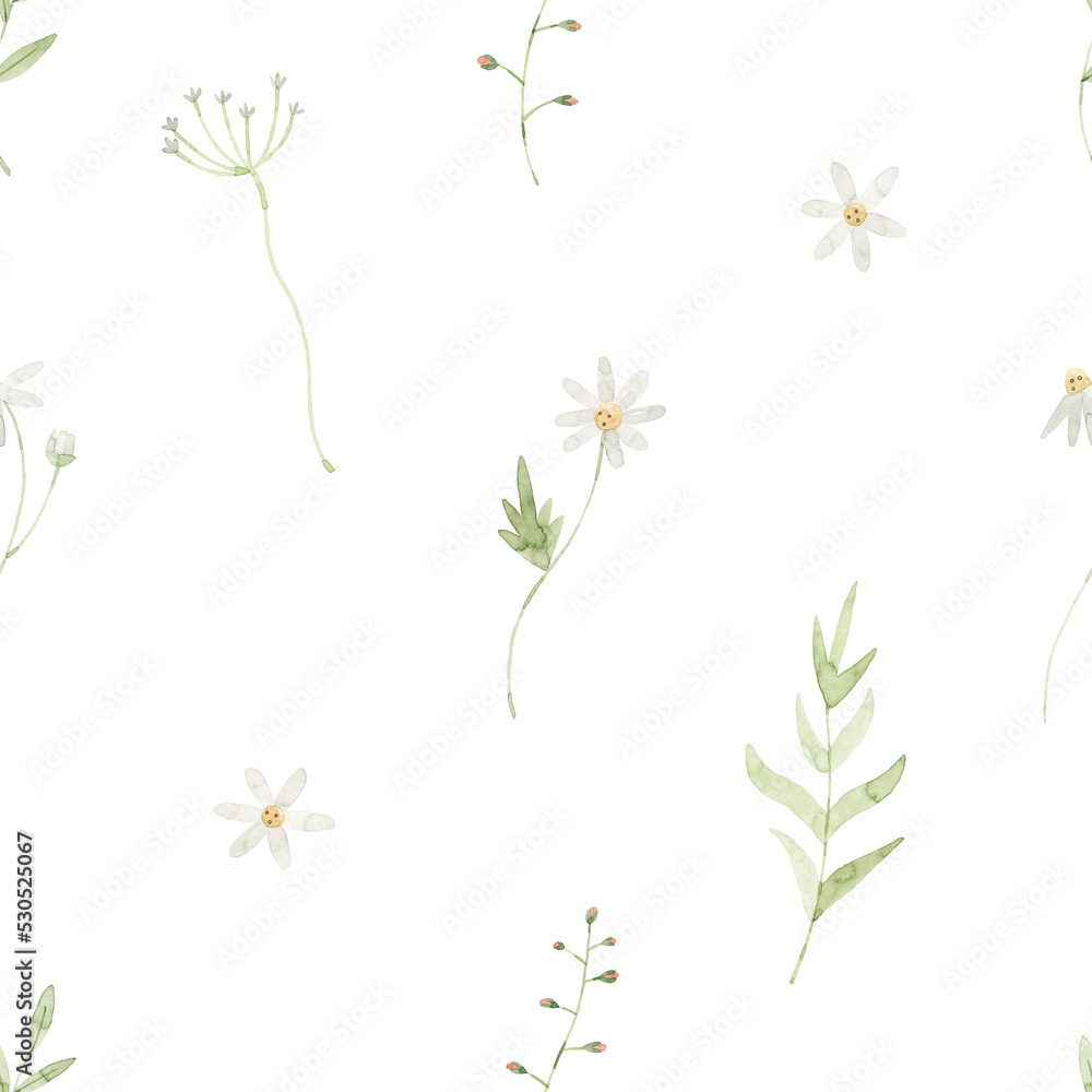 Watercolor seamless pattern with wildflowers. Spring illustartion. Summer background.