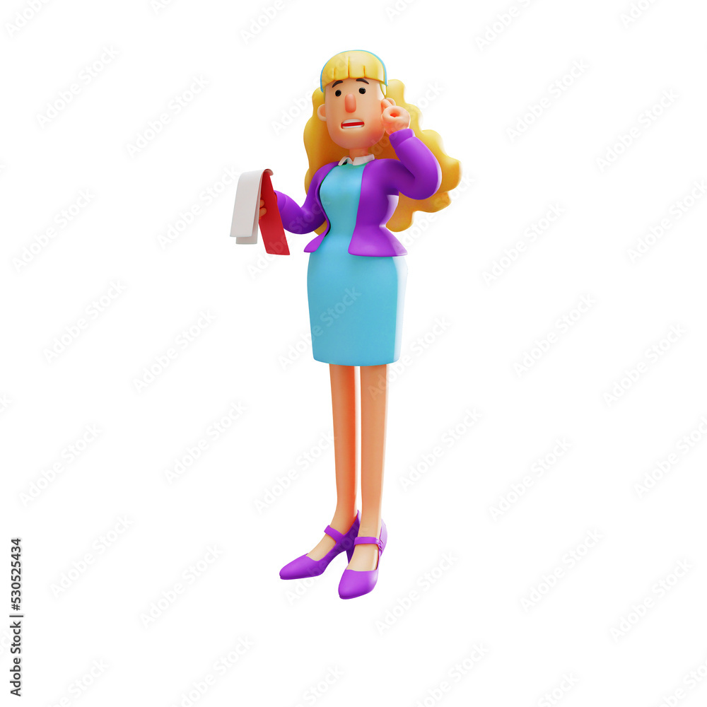 3D illustration.3D cartoon business woman holding a book. hands on head as if thinking showing a serious face. 3D Cartoon Character 3D illustration.3D cartoon business woman holding a book. hands on head as if thinking showing a serious face. 3D Cartoon Character