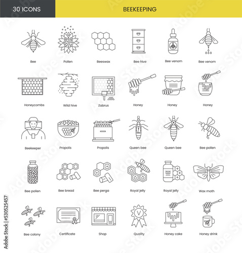 Beekeeping line icons set with illustration of beekeeper products and tools such as bee and beehive, honeycomb and wax moth for web store and packaging.
