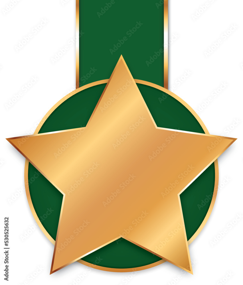 vector illustration of green colored award ribbon medal with gold star banner on white background