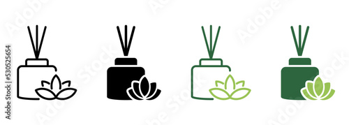 Scented Reed Diffuser Oil Silhouette and Line Icon. Aromatherapy Pictogram. Aroma and Fragrance Therapy Stick in Glass Icon. Editable Stroke. Isolated Vector Illustration