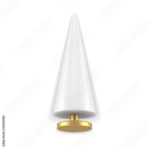 Realistic luxury white Christmas tree on golden jewelry stand winter holiday statuette 3d vector