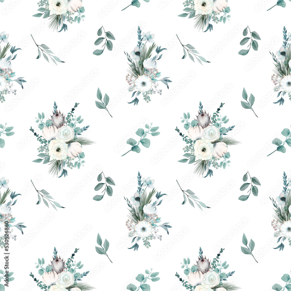 Seamless pattern of watercolor winter bouquets with white flowers, eucalyptus and pine branches, illustration on white background Seamless pattern of watercolor winter bouquets with white flowers, eucalyptus and pine branches, illustration on white background
