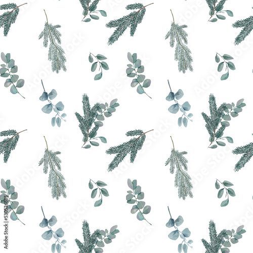 Seamless pattern of watercolor winter eucalyptus and spruce branches; illustration on white background