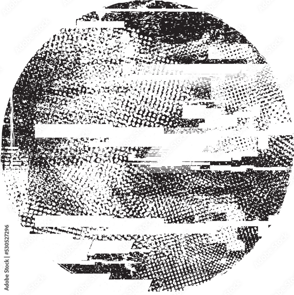 Obraz premium Glitch distorted geometric shape . Noise destroyed logo . Trendy defect error shapes . Glitched frame .Grunge textured . Distressed effect .Vector shapes with a halftone dots screen print texture.