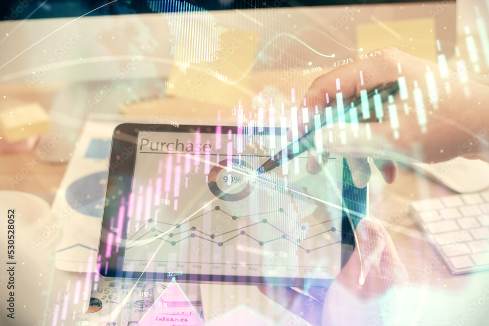 Double exposure of man's hands holding and using a phone and financial chart drawing. Market analysis concept. Double exposure of man's hands holding and using a phone and financial chart drawing. Market analysis concept.