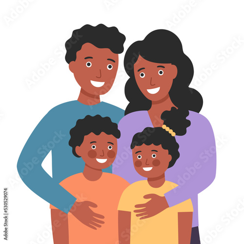 Happy African family concept vector illustration. Father, mother, son, and daughter in flat design on white background.