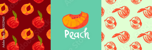 Peach seamless pattern. Vector nectarine wallpaper. Sketch art  peach background for organic baby food label, yogurt packaging design, vegan banner, fruity ornament. Apricot backdrop for jam package.