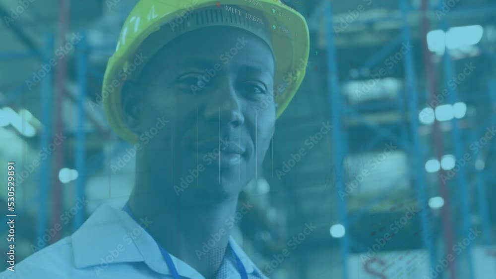 Animation of data processing over man working in warehouse Animation of data processing over man working in warehouse