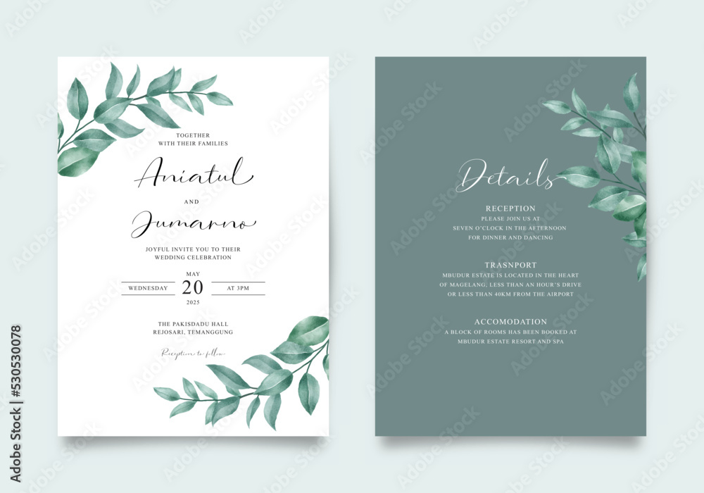 Green leaves set for elegant wedding invitation template