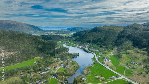 Canvastavla Aerial drone shot of the landscapes of Os, Norway